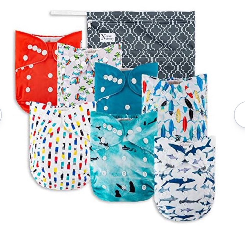 Nora's Nursery 7 Cloth Pocket Diapers 7 Inserts & 1 Wet Bag One Size Surfa Up